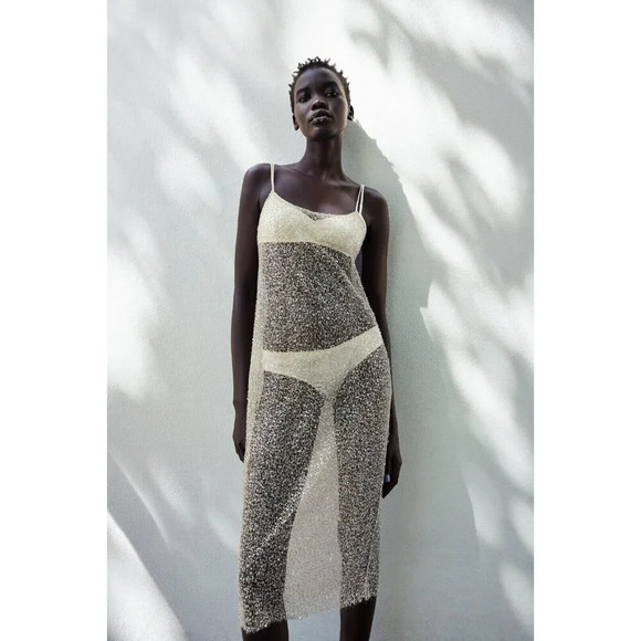 Zara Sheer NWT Sequin Sexy Spaghetti Strap Midi Dress M - Picture 1 of 7